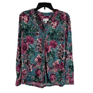 D&Co Womens Floral Long Sleeve Stretch Button-Down Shirt Blouse Size M